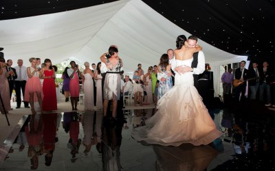 Black dance floor, starcloth, flat white linings, wedding marquee