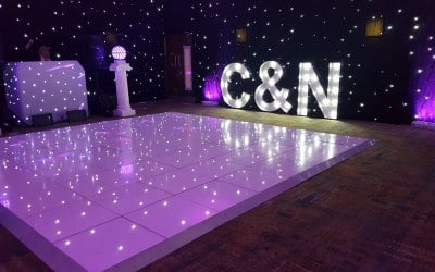 LED Dancefloors, Large Illuminated letters, star cloth draping 