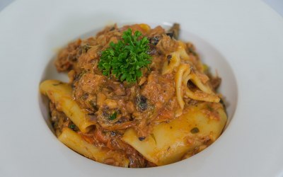 Pacchero with Cod in Livornese Sauce