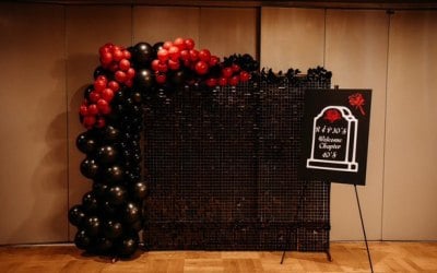 Black Shimmer Wall, Balloons and Signage - 40th Birthday 