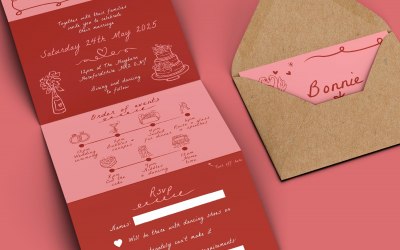 Whimsical hand drawn doodles concertina wedding invitation in pink and red