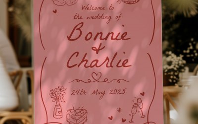 Pink and red hand drawn whimsical wedding welcome sign