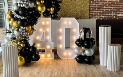 Balloon Arch, Light Up Number 40, Balloon Stack and Pillars