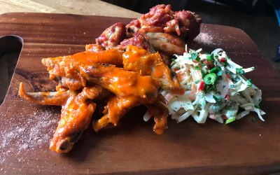 Louisiana wings and slaw with gator sauce and Memphis bbq