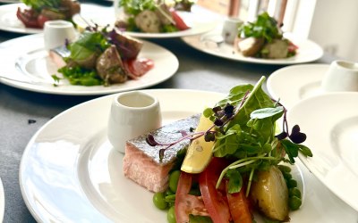 poached salmon and gremolata new potatoes and asparagus salad