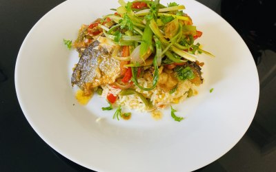 Pan fried sea bass with fried rice