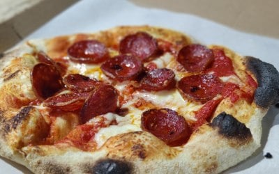 Pepperoni Pizza, Hand Stretched Dough Cooked in a Wood Fired Oven