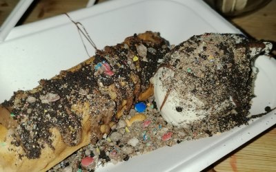 waffle with gelato/melted milk choc/oreo cookie/ M&M's