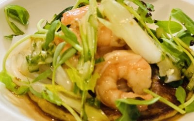 Plantai blini, tiger prawns, green salsa, pak choy and honey soy 