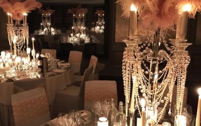 Candelabra, feathers, pearls centrepiece 