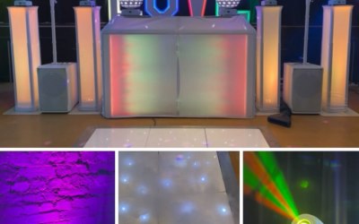 Mobile disco, synchronised lighting, uplights, LOVE letters & white LED dancefloor 