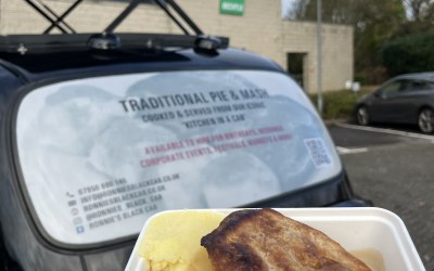 Pie, mash, peas and gravy at a corporate event