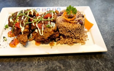 Rice and Beans with Honey Glazed Jerk Wings