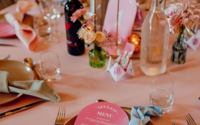 Pastel coloured bespoke table signage for wedding in a retro style