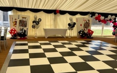 Black and white dance floor in a lined marquee