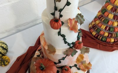 Autumnal pumpkins wedding cake and macaron tower 