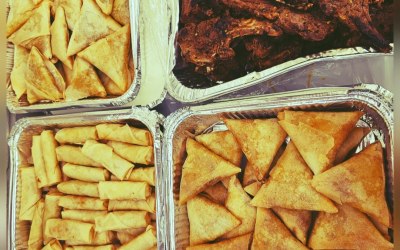 Masala Lamb Chops, Chicken Samosas, Lamb Samosa, Vegetable Spring Rolls (Disposable Platters)