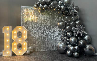 Whitney Sequin Wall with Chrome Balloons