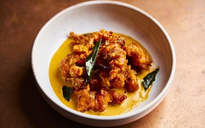 Prawns and Calamari served in Mustard Moilee